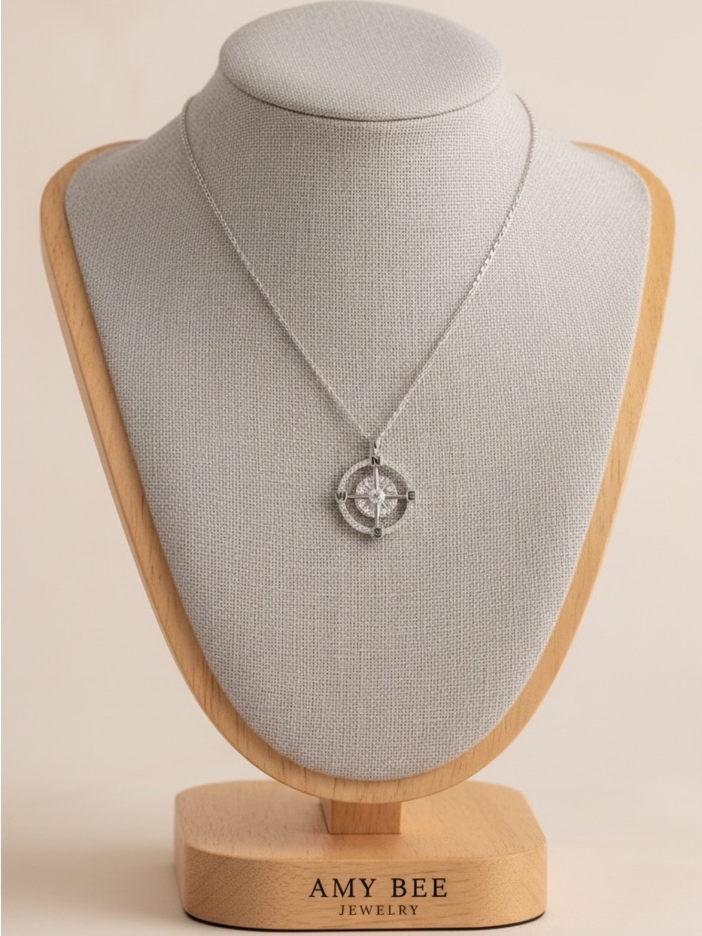 Platinum Plated Compass Pendant Necklace with CZ Accents. New.
